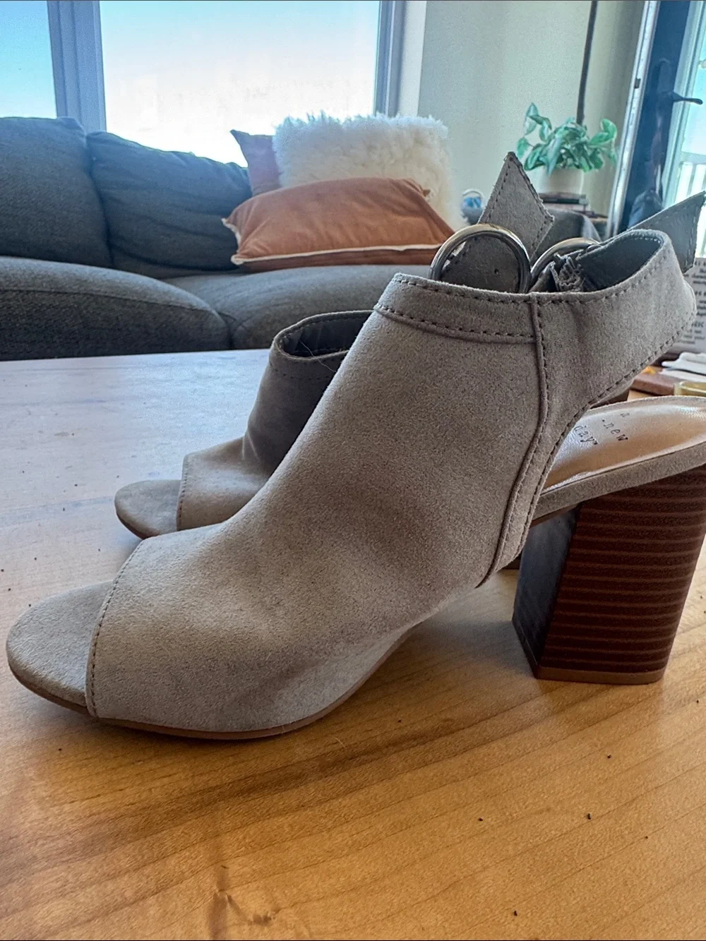a new day Gray Open-Toe Suede Ankle Strap Sandals with Round Silver Buckle
